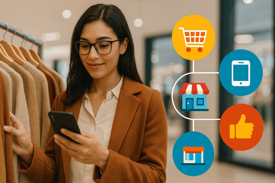 page hero image - lady standing and looking at phone thinking about omni channel services