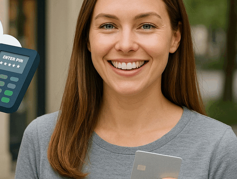 Blog featured image: Finally, a card-not-present refund solution to remove the pain most retailers take for granted. Image of a Happy, smiling lady holding a card for payment